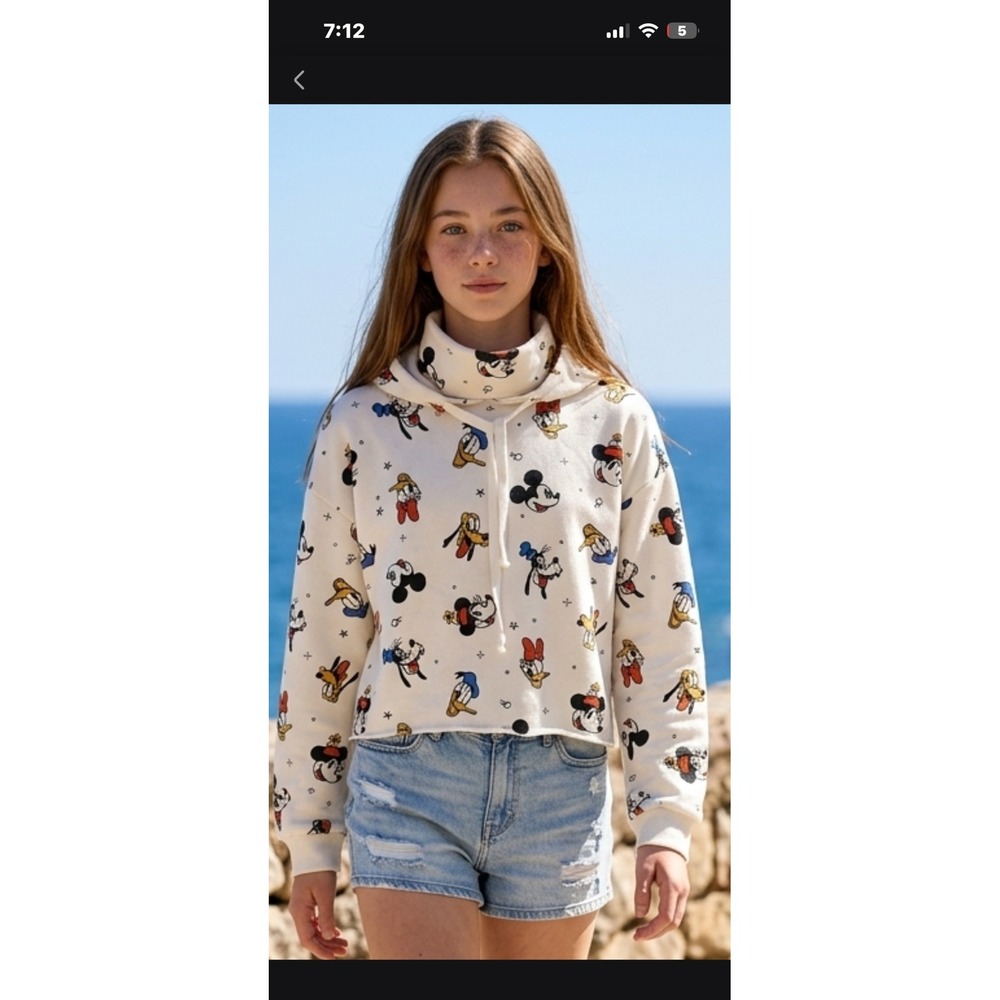 Disney Mickey & Friends Funnel Neck Cropped Hoodie Cream Medium